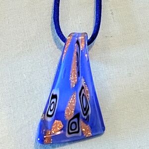 Blue and Gold Murano Style Pendant Necklace 18" Long.